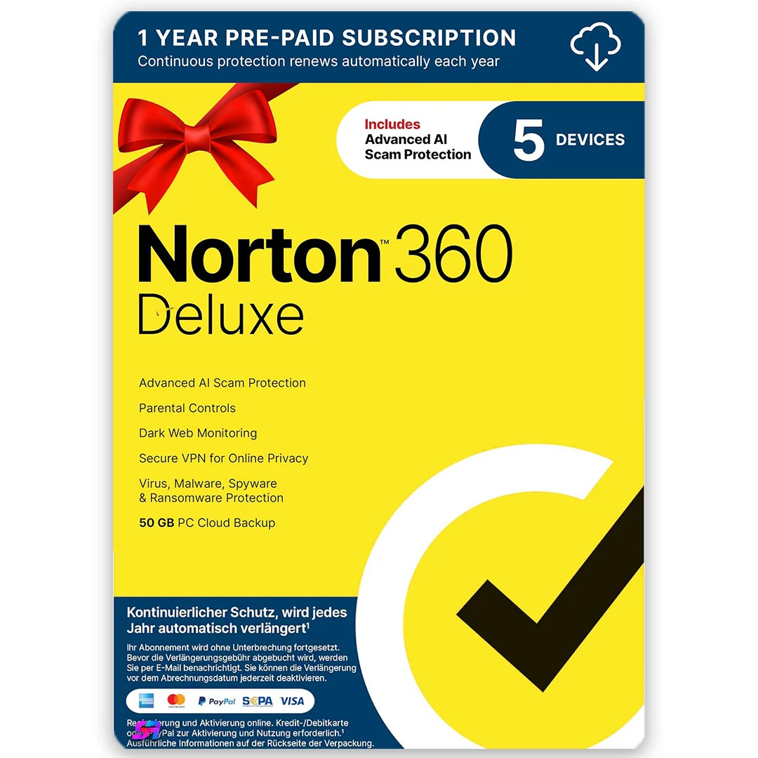 Norton 360 Deluxe – 5 Devices | 1 Year | 50 GB Cloud Backup | Global Key