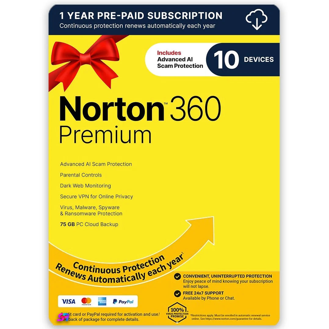 Norton 360 Premium – 10 Devices | 1 Year | 75 GB Cloud Backup | Global Key
